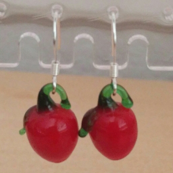 Glass Red Delicious Apple Bead Handmade Earrings - Picture 2 of 7